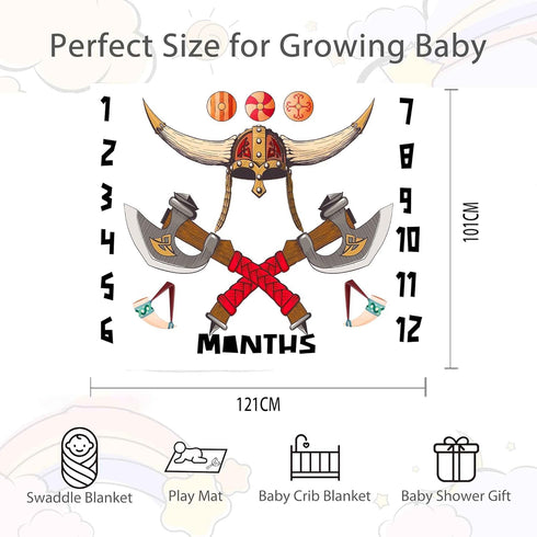 Viking Baby Monthly Milestone Blanket, 48x40in Soft Flannel, Helmet Ax Bone, Newborn Mom Gifts, Baby Shower Age Growth Tracker with Bonus Maker BT...